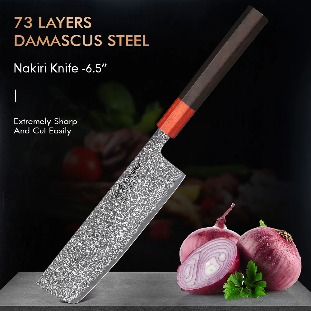 

TURWHO 6.5 Inch Nakiri Knife Japanese Hand Forged Chef's Knife 73 Layers Of Super Steel Damascus VG10 Steel Core Kitchen Knives