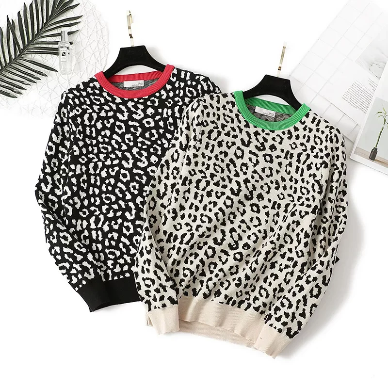 

New2022 Autumn Women O-Neck Pullovers Leopard Print Women Vintage Sweater Knitting Women Winter Sweater Femme Pull Femme