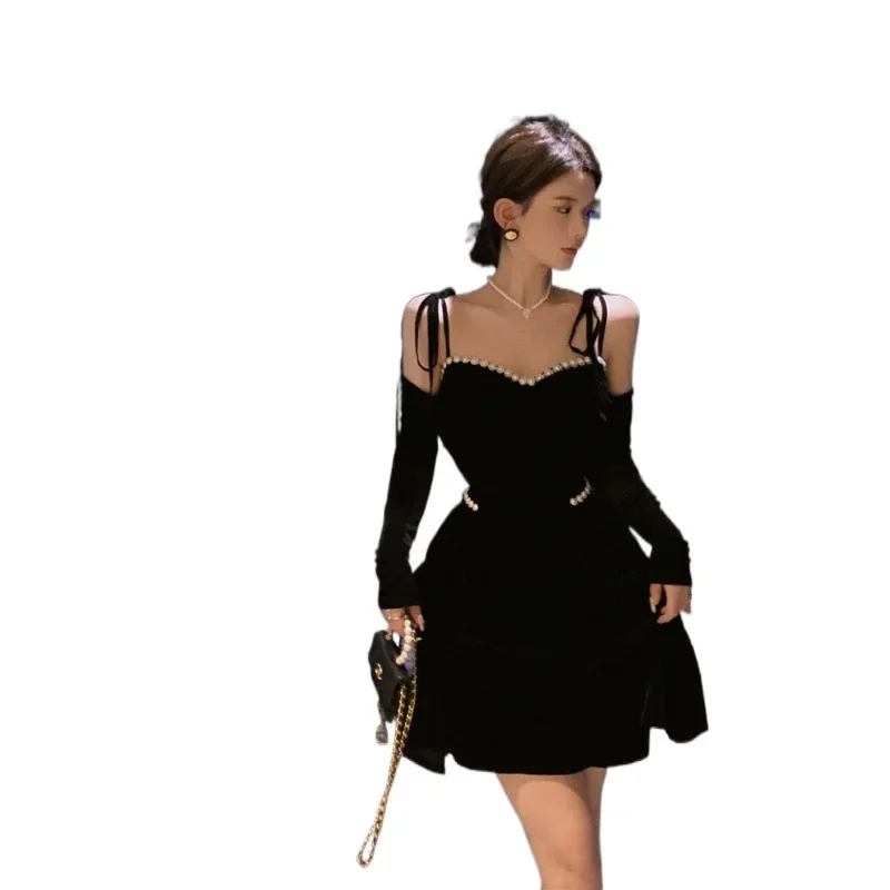 2024 ранняя осень женское элегантное утягивающее французское винтажное черное