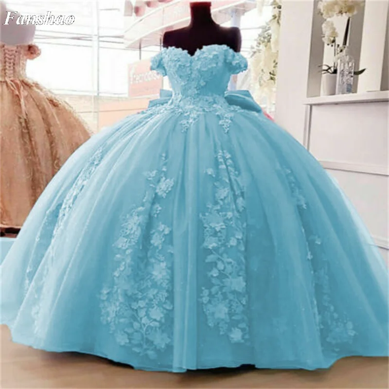 

Fanshao pd086 Off Shoulder Quinceanera Dress Appliques with Big Bow Back For 15 Years Floor Length Princess Birthday Party Gown
