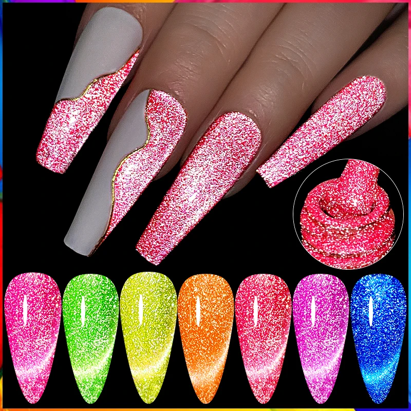 LILYCUTE 7ml Neon Reflective Glitter Cat Magnetic Gel Colorful Laser Gel Nail Polish Semi Permanent Nail Art Glitter Gel Polish