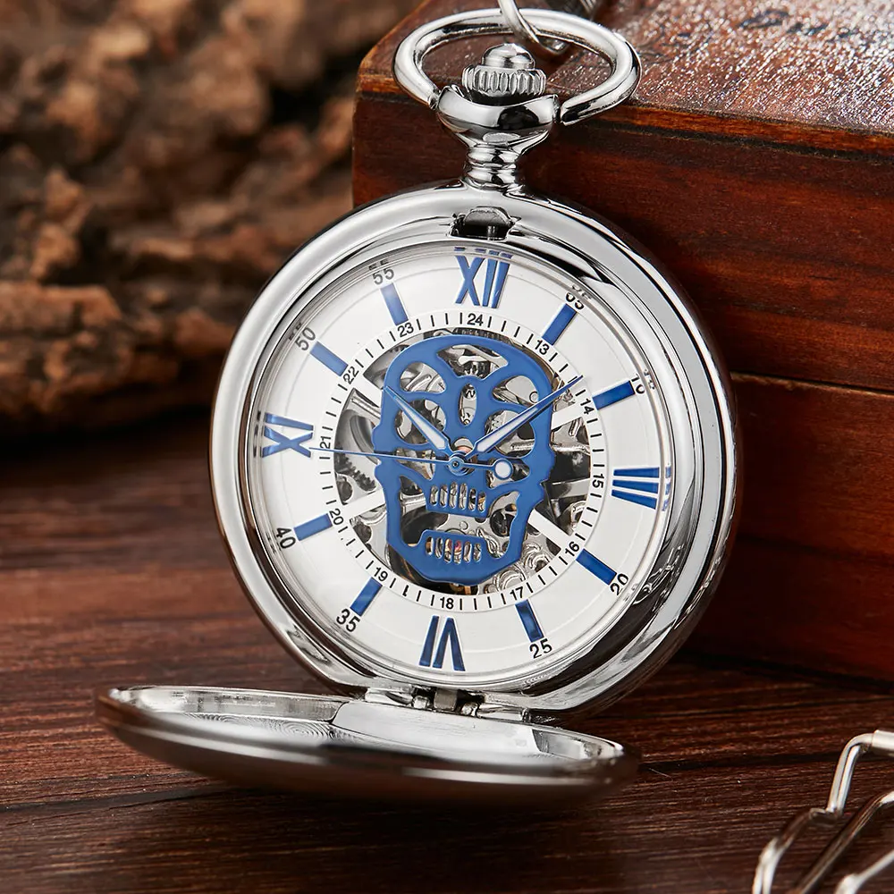 Golden Skull Fashion Smooth Mechanical Pocket Watch Men Skeleton Steampuk Hand Wind Pendant Clock Chain With Arabic Numerals