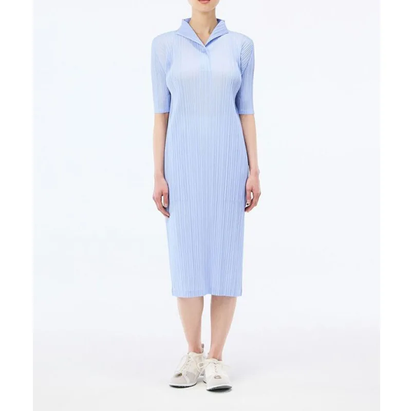 Miyake Pleated Dresses For Women 45-75kg Turn Down Collar Short Sleeves Solid Colour Loose Stretch Casual Dress Over The Knees