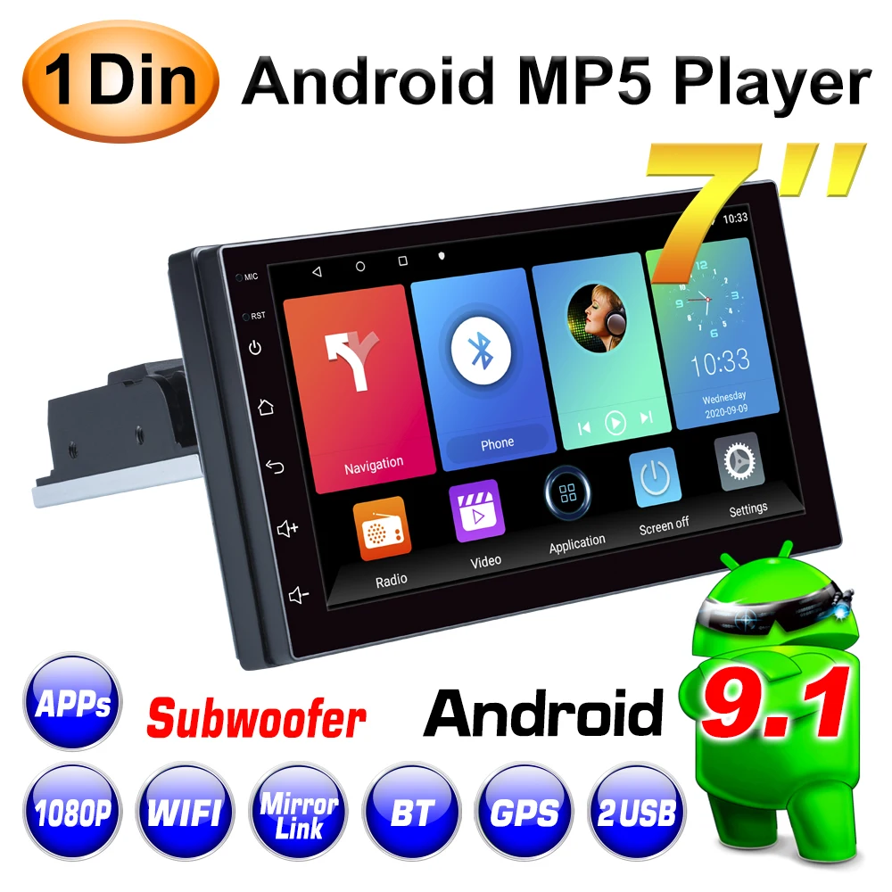 $76.49 1 DIN Adjustable Universal Car Stereo Radio Android 7.1-9.1 7 Inch Touch Screen FM Quad-Core GPS Navigation Carplay Android Auto