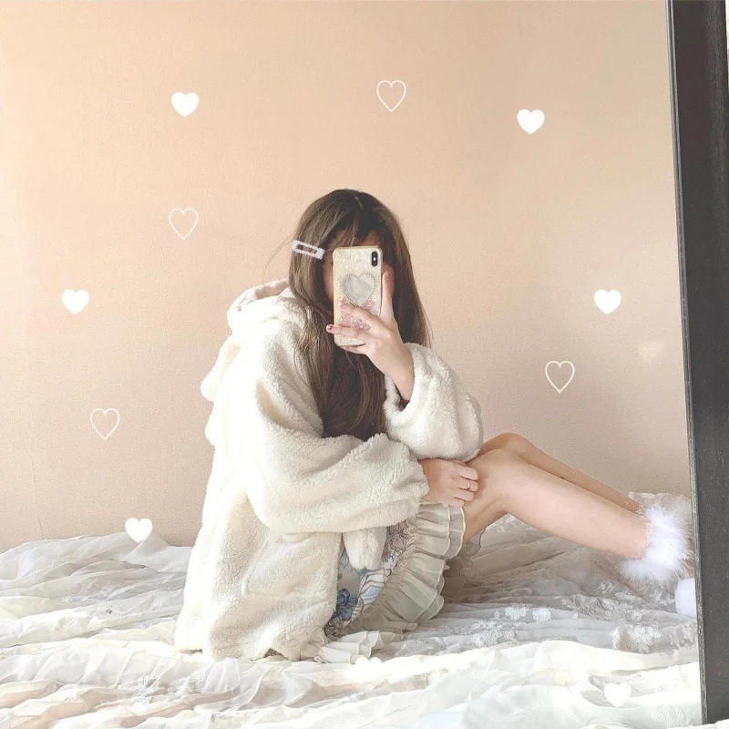 2022 Women's Winter Jacket  Zipper Oversized Soft Harajuku Kawaii Hooded Rabbit Ears Plush Faux Cashmere Coat Plus Velvet Padded