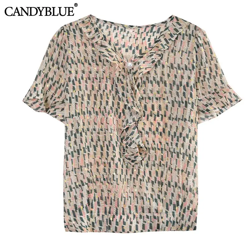 

Diamond Plaid Floral Print Ruffled V-Neck Chiffon Vintage Women's Dress Short Sleeve Elegant Chic Summer Dresses For Women 2022