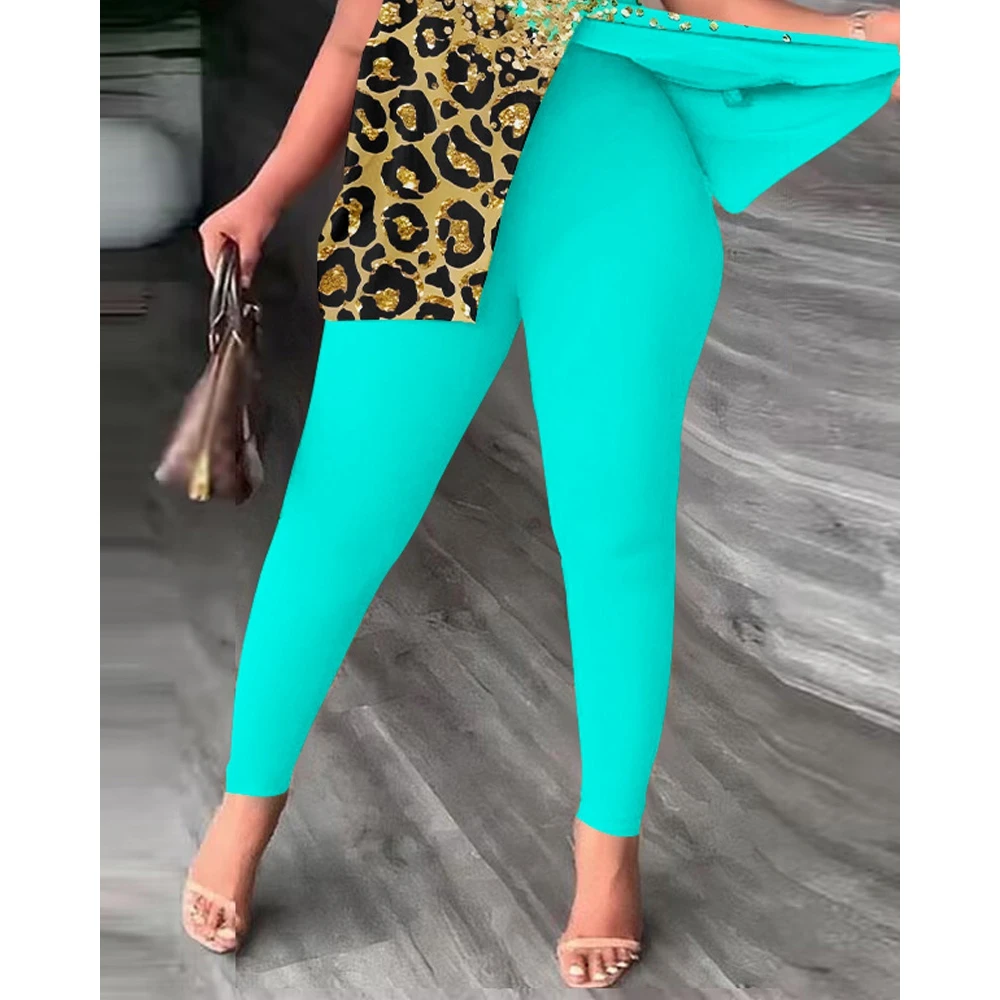 Casual Summer Women Contrast Leopard Print Skew Neck Slit Top & Pants Set Female Short Sleeve 2 piece Suit Sets New IN Outfits