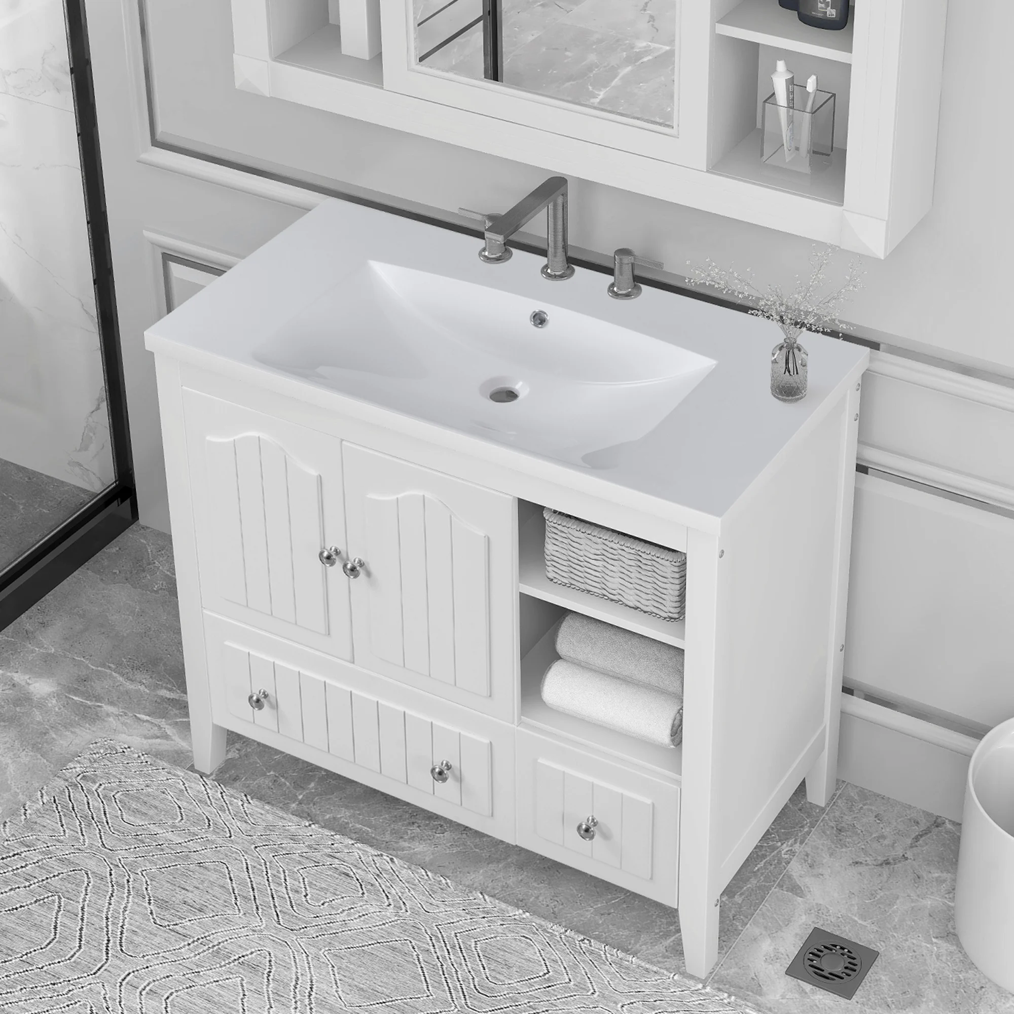 

36" Bathroom Vanity with Ceramic Basin, Bathroom Storage Cabinet with Two Doors and Drawers, Solid Frame, Metal Handles