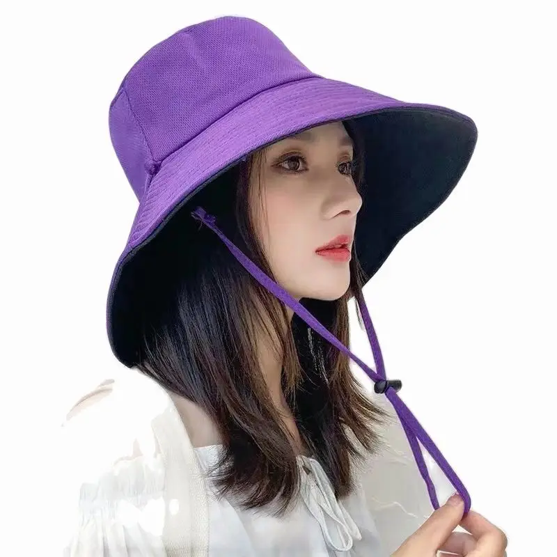 

Spring Summer Solid Color Wide Brim Two Side Wear Fishermen Hat Reversible Beach Bucket Hat with String for Women