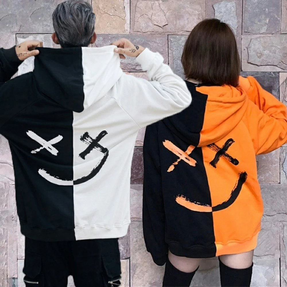 

Men's Hoodie Sweatshirts Fashion Happy Smile Print Patchwork Hooded Sweatshirts Men Woman Hip Hop Pullovers Couple Streetwear