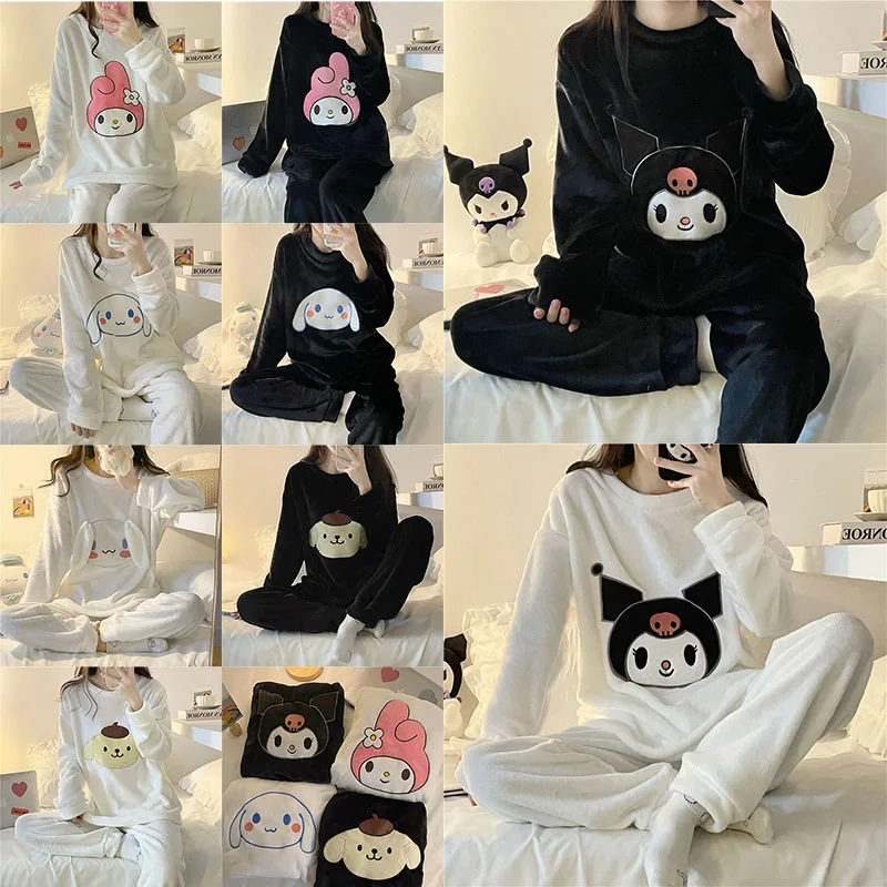 

Новинка, милая плюшевая Пижама Sanrio, милая Пижама Kuromi My Melody Cinnamonroll с длинным рукавом, мягкая осенне-зимняя женская пижама, одежда