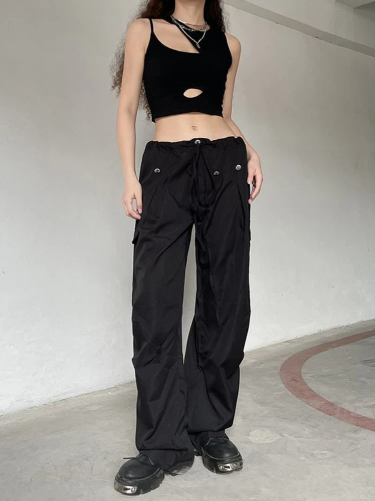 

Женские брюки-карго HOUZHOU Y2K, черные брюки-карго в стиле хип-хоп, Готическая уличная одежда с парашютом, винтажные коричневые штаны оверсайз
