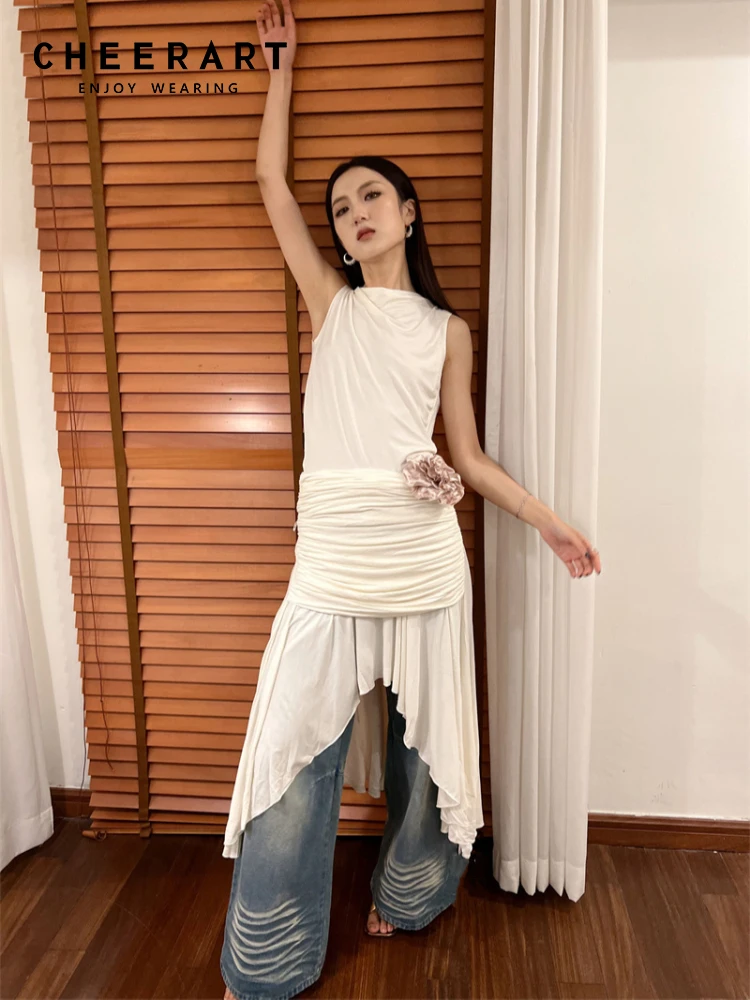 

CHEERART, белое дизайнерское платье без рукавов с открытой спиной для женщин 2023, асимметричное летнее платье с рюшами, модная одежда