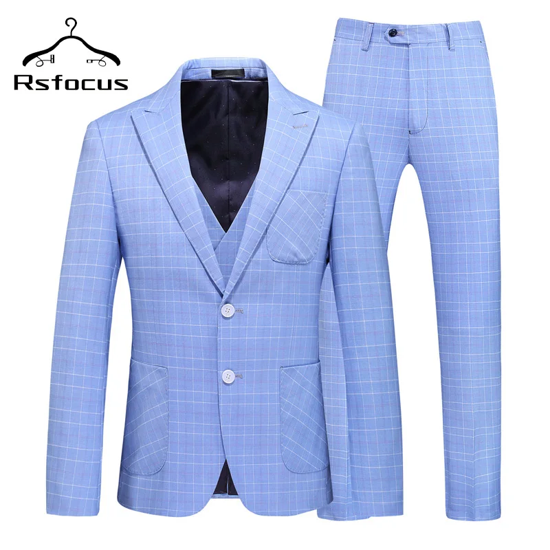 

Brand Slim Fit Mens Light Blue Plaid Suit Formal Business Mens Suits Designers 2022 New Three Piece Groom Wedding Suits TZ051