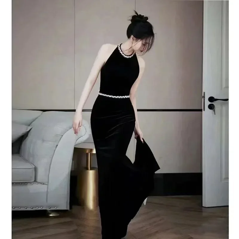 Hot sale No. 27 black evening dress female host temperament coming of age ceremony banquet long