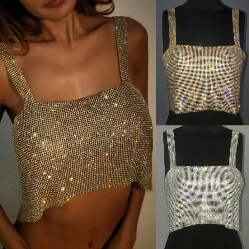

Adjustable Tees Club Party Tank Tops Metal Mesh Strap Sheath Draped Spark Diamonds Neck Halter Backless Sexy Pullover 2021