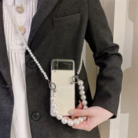 cute pearl hand chain crossbody rope phone case for samsung galaxy z flip 3 z flip3 zflip3 folding hard clear cover with lanyard