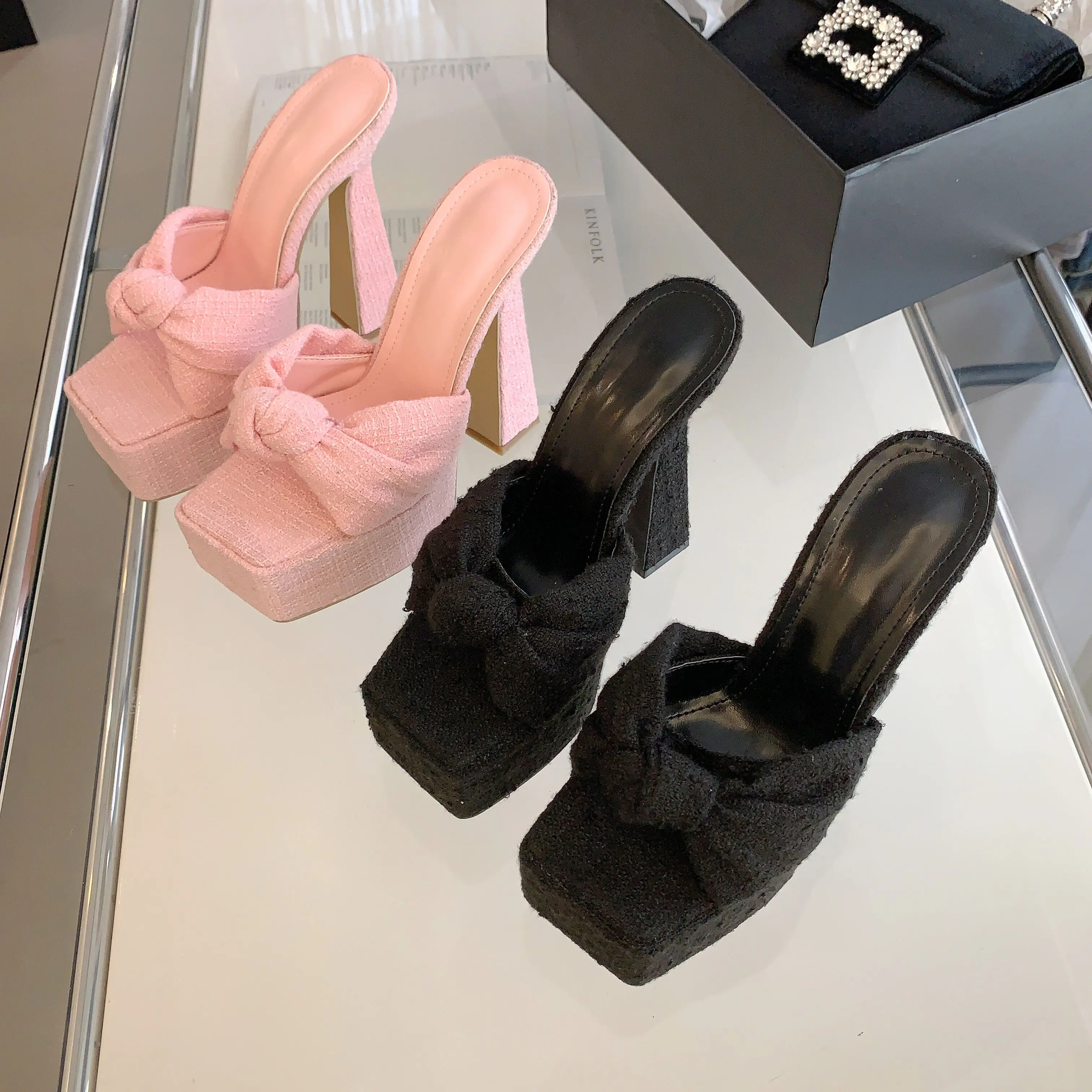 Xibeilove New Product Waterproof Platform Women's Slippers Summer New Light Luxury Retro Woven Bow High Heel Slippers