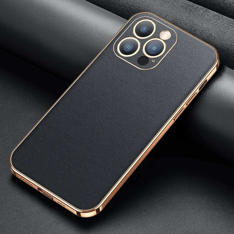 Luxury Metal Frame + Leather Back Cover For Iphone 13 Pro Max Business Pocket Thin Luxury Lens Fall Protection Case