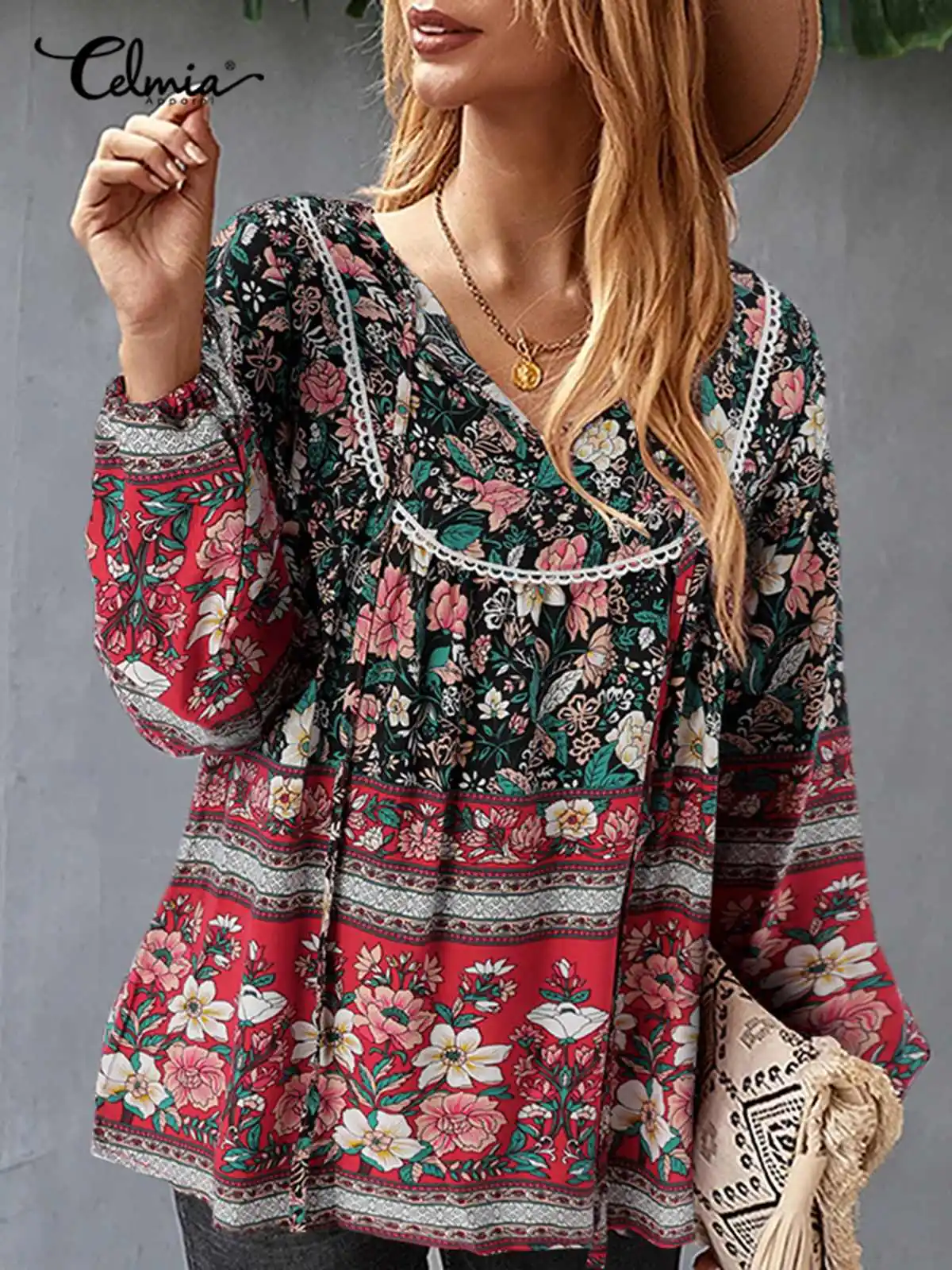 

Women Bohemian Long Sleeve Blouses Celmia Vintage Floral Print V-neck Shirt 2022 Spring Casual Loose Lace Stitching Tops Blusas