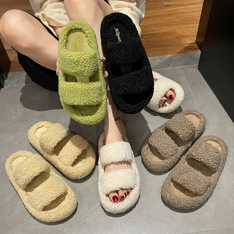 

Женские меховые шлепанцы на платформе, массажные плюшевые шлепанцы на плоской подошве, из хлопчатобумажной ткани, римские шлепанцы, обувь н...