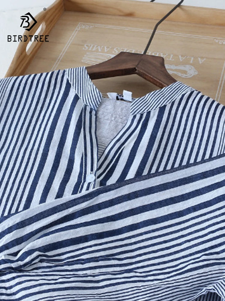 

Autumn Linen Striped Shirts Women Irregular V Necks Tops Half Sleeve Loose Casual Basic Blouses Summer 2023 New T38102JC
