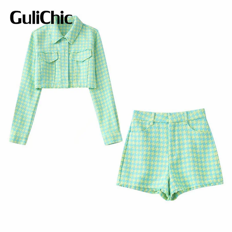 

6.6 GuliChic Temperament Fashion Plaid Set Long Sleeve Single Breasted Short Jacket Or High Waist Shorts Slim 2 Piece Set Women
