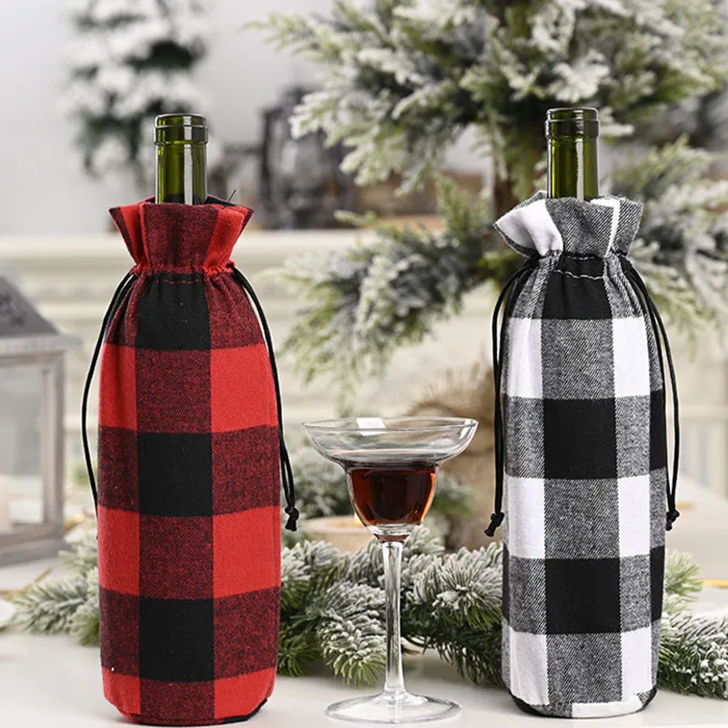 

Classic Check Fabric Wine bottle Cover Christmas bags with String Straw Home Dinning room party table decor Xmas promotion favor