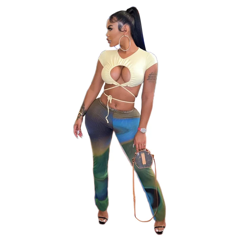 

Sexy Tie Dye Mesh See Through Pants Women Hipster High Waist Gradient Midnight Sheath Trousers Female Attirewear Bottoms