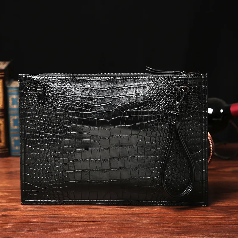 Free Custom Leather Men's Crocodile Pattern Handbag Crossbody Shoulder Envelope Bag Zipper Office Clutch Pouch Document Bag Gift
