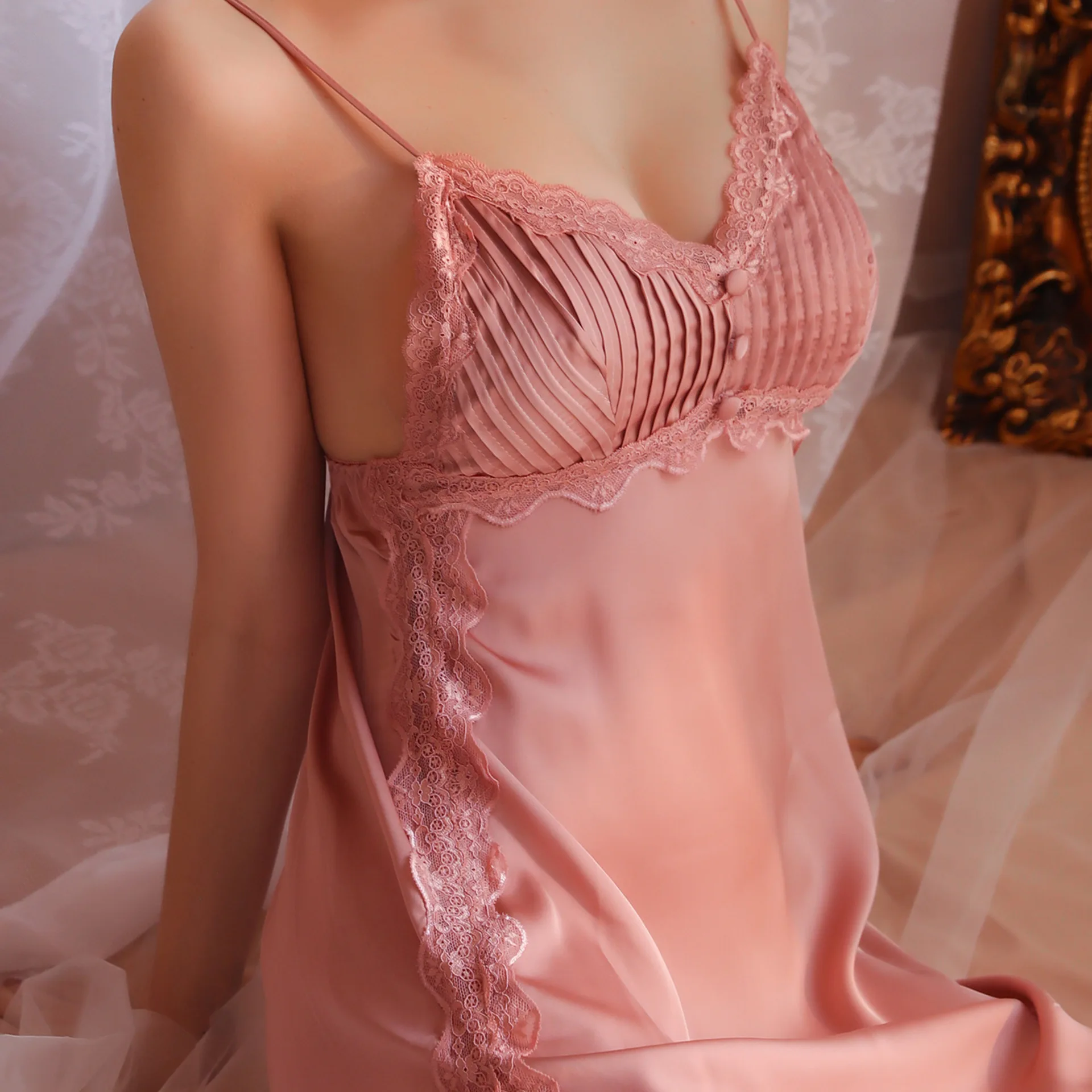 

Sexy Lace Nightgown Summer V-Neck Sleepdress Women Dressing Gown Backless Lady Satin Nightdress Loungewear Satin Sleepwear