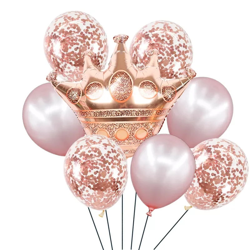 

9Pcs Middle Rose Gold Pink Blue Princess Crown Foil Latex Balloons Happy Birthday Wedding Party Baby Shower Decorations