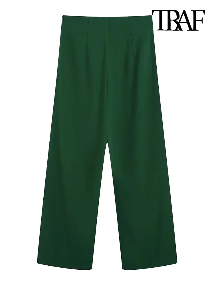 

TRAF Women Fashion With Topstitching Green Wide Leg Pants Vintage High Wasit Side Zipper Female Ankle Trousers Mujer