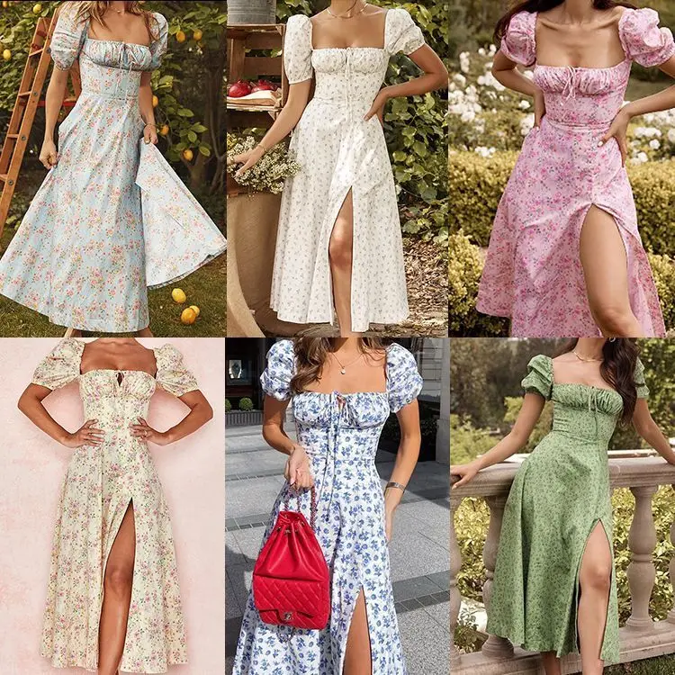 Women's French Bubble  Printing Floral Dress Short Sleeve Side Split Irregular   Long Skirt 2023 Summer Grace Sweet Vesti 1