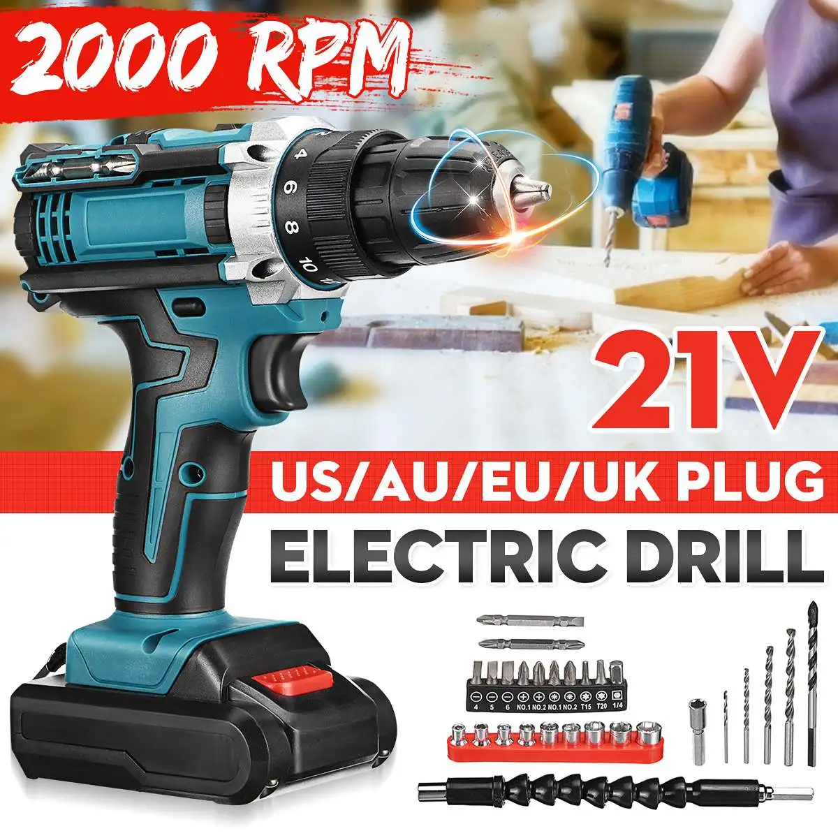 

21V Cordless Impact Electric Drill Variable Speed Electric Screwdrivers Power Tools Impact Electric Drill Set Lithium Battery