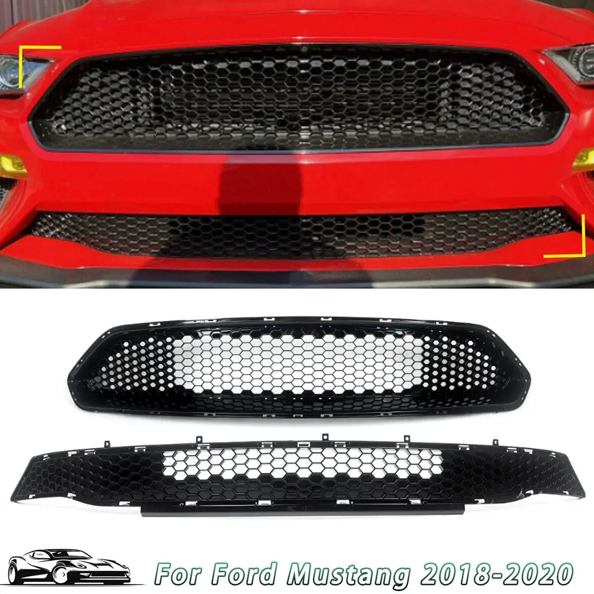 

Gloss Black Front Upper + Lower Grille Grill Honeycomb For Ford Mustang 2018-21