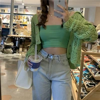 hollow out knitted cardigan 2 piece set women spring autumn 2021 cropped camisole short tops green long sleeve camis ribbed suit