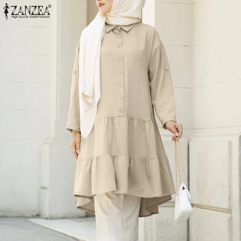 

Women Muslim Long Sleeve Shirt ZANZEA Elegant Solid Button Blouse 2022 Spring Ruffles Islamic Clothing Holiday Party Tunic Tops