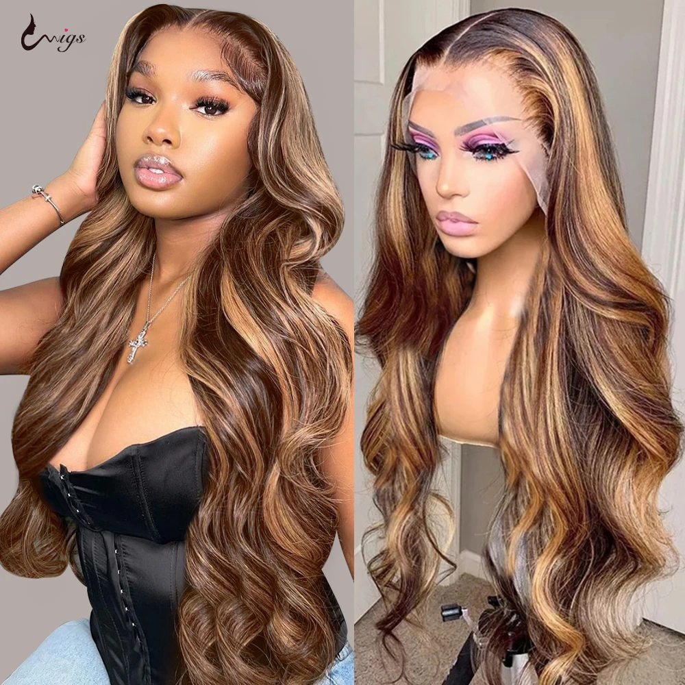 Uwigs Body Wave Highlight Wig Human Hair Colored Human Hair Wigs Honey Blonde Lace Front Wigs for Women Middle Part Lace Wig