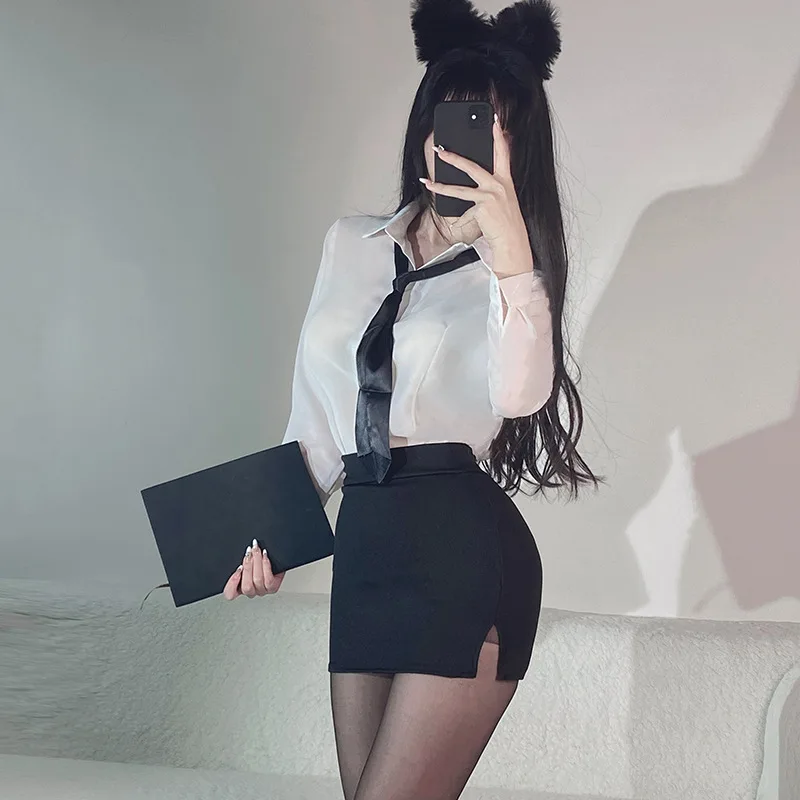 

Сексуальное нижнее белье, соблазнительное нижнее белье, прозрачная рубашка с длинным рукавом, облегающая юбка на ягодицы, униформа для девушек и преподавателей