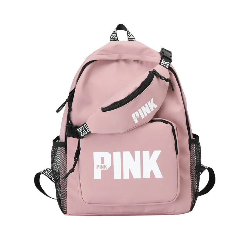 

PINK Fashion Nylon Backpack Bag And Waist Bag Set Mochila Casual Rucksack Travel Daypack Teenager Boy Girls School Backapck