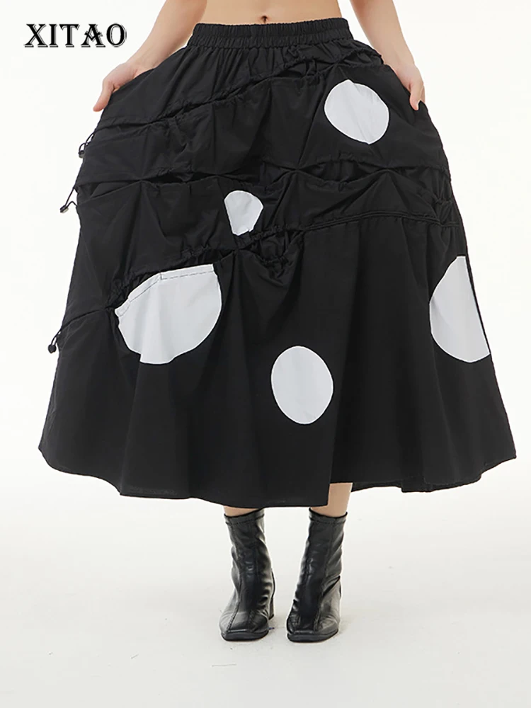 

XITAO Casual Dot Print Skirt Loose Fashion Large Size Hollow Out Draw String All-match Contrast Color Skirt 2022 New WMD5559