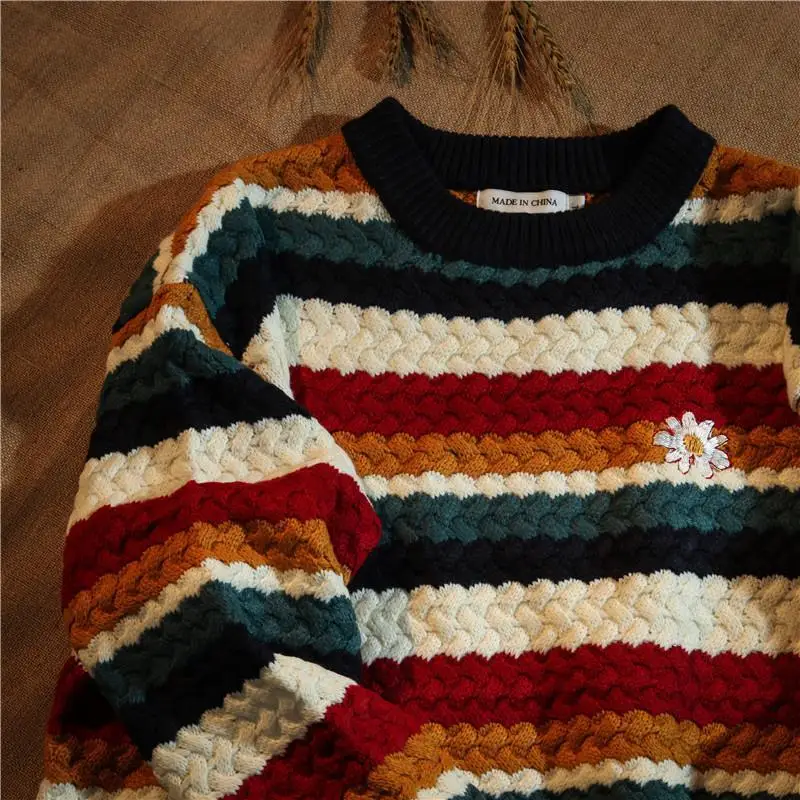 

DAYIFUN/2022 Женский пуловер в полоску с круглым вырезом и цветочной вышивкой на осень и зиму, СВОБОДНЫЙ Модный уличный джемпер