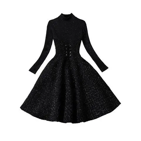 

Women's Dress Ladies Sutumn Winter Fashion Retro Women Full Sleeve Stand-up Collar Lace-up Short Loose New Sequins Dress T964