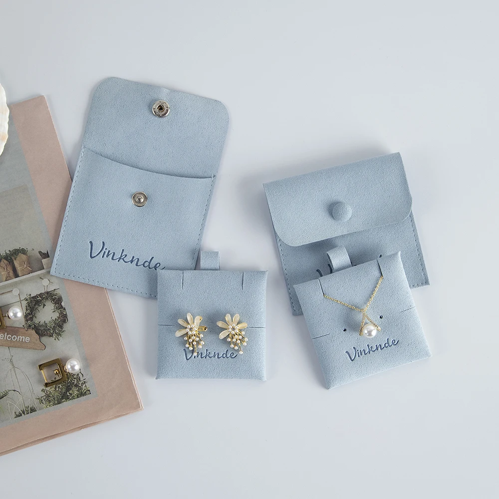 Eco Custom Logo Flap Snap Microfiber Jewellery Insert Earrings Necklace Packaging Display Cards Wedding Gift Bag Jewelry Pouch