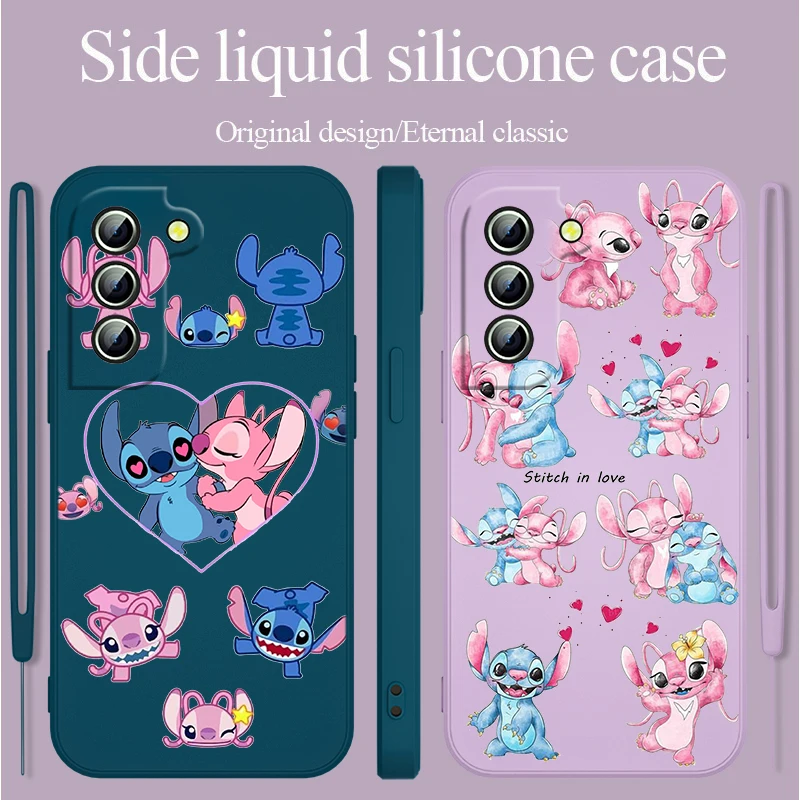 

Disney Stitch Angie For Samsung Galaxy S23 S22 S21 S20 FE Ultra Plus S10 Lite 5G Liquid Rope Phone Case