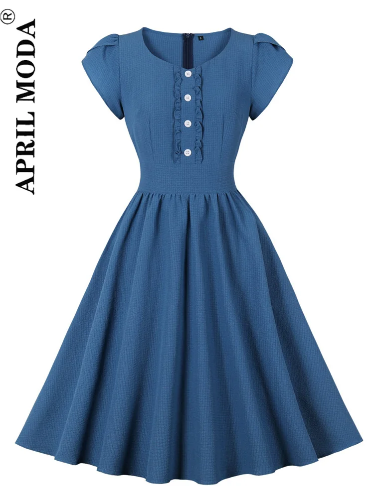 

2023 Puff Sleeve Button Summer Women Classic Patchwork Office Dresses Blue Solid Casual Business Work Retro Swing Flare Dresses