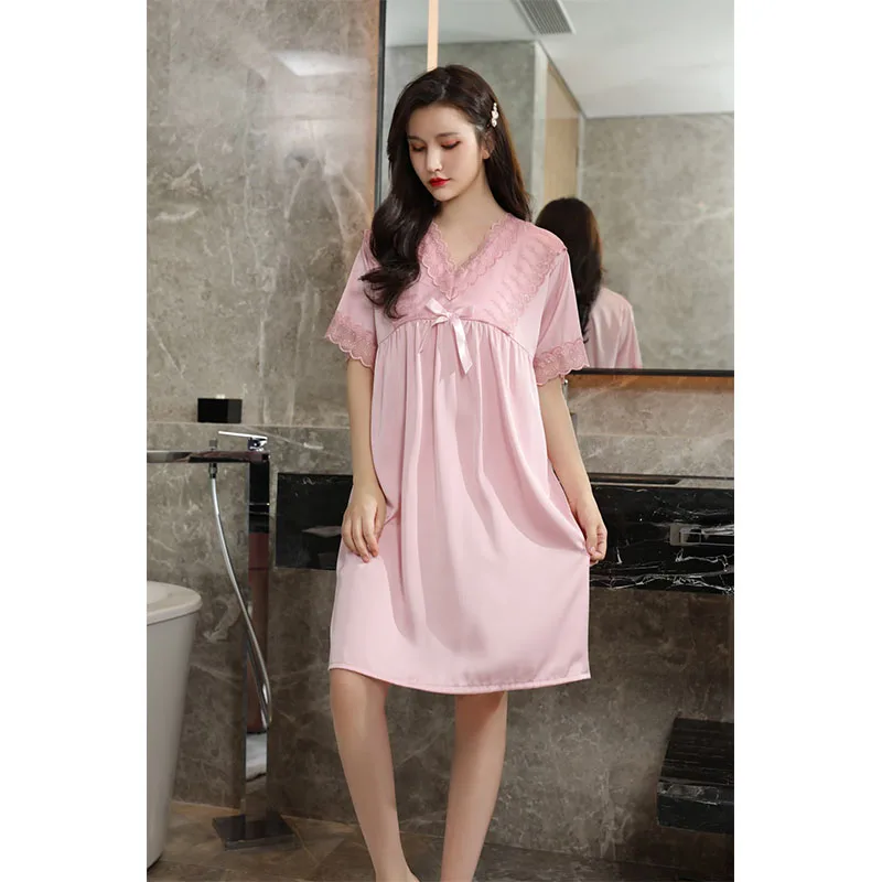 YFTNH Sleep Shirts for Women Silk Nightdress Bow Lace V-neck Short Sleeve Sleepwear Dresses Solid Plain Loose Homewear Nighties