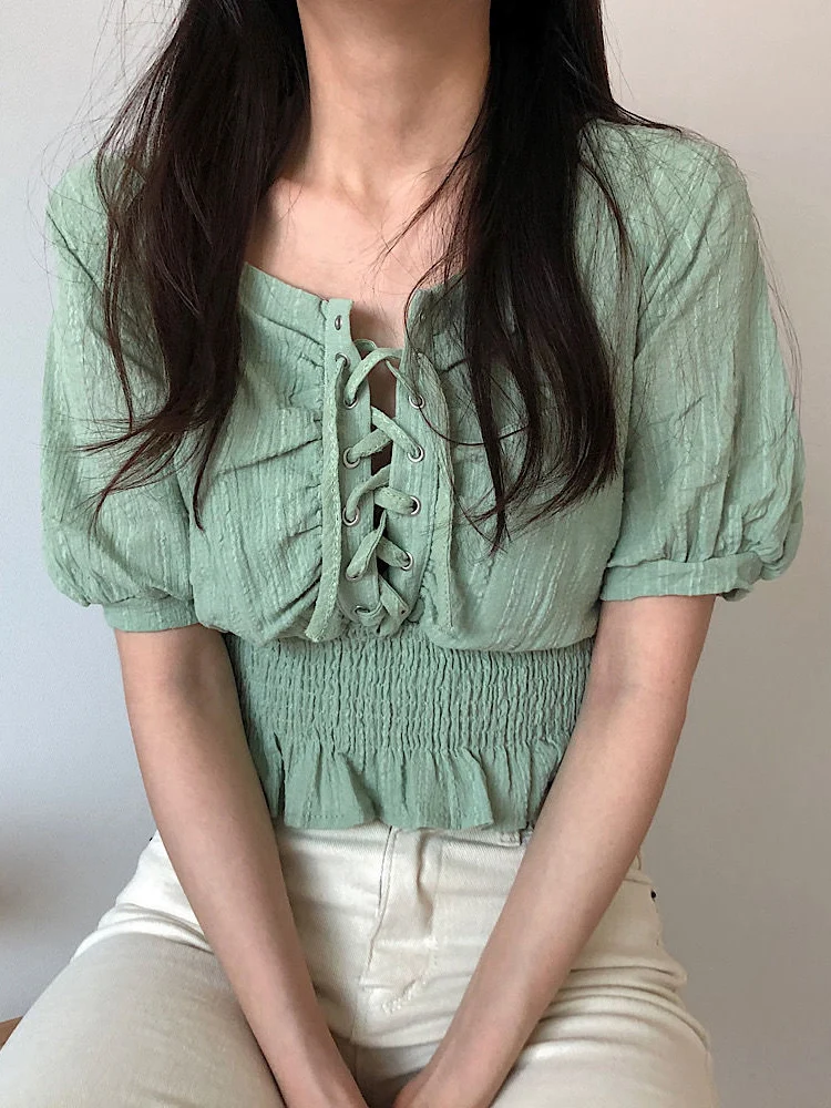 

Fashion Women Clothes 2022 Front Lace Up Short Sleeve Top Femme Poleras Mujer Slim Smocked Ruffle Hem Chiffon Blouse