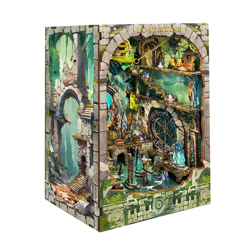 Фото DIY книжный уголок, потерянные руины, деревянная миниатюрная модель, комплект со световым подставкой для книг, 3D-головоломка, книжная полка, домашний декор, подарки на день рождения для друзей №1